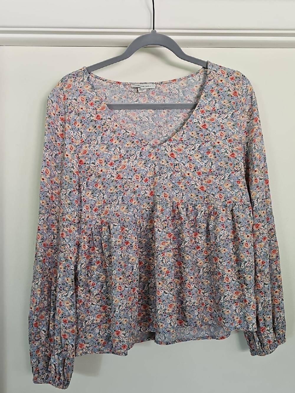 American Eagle Outfitters Light Blue Floral Peplum Blouse